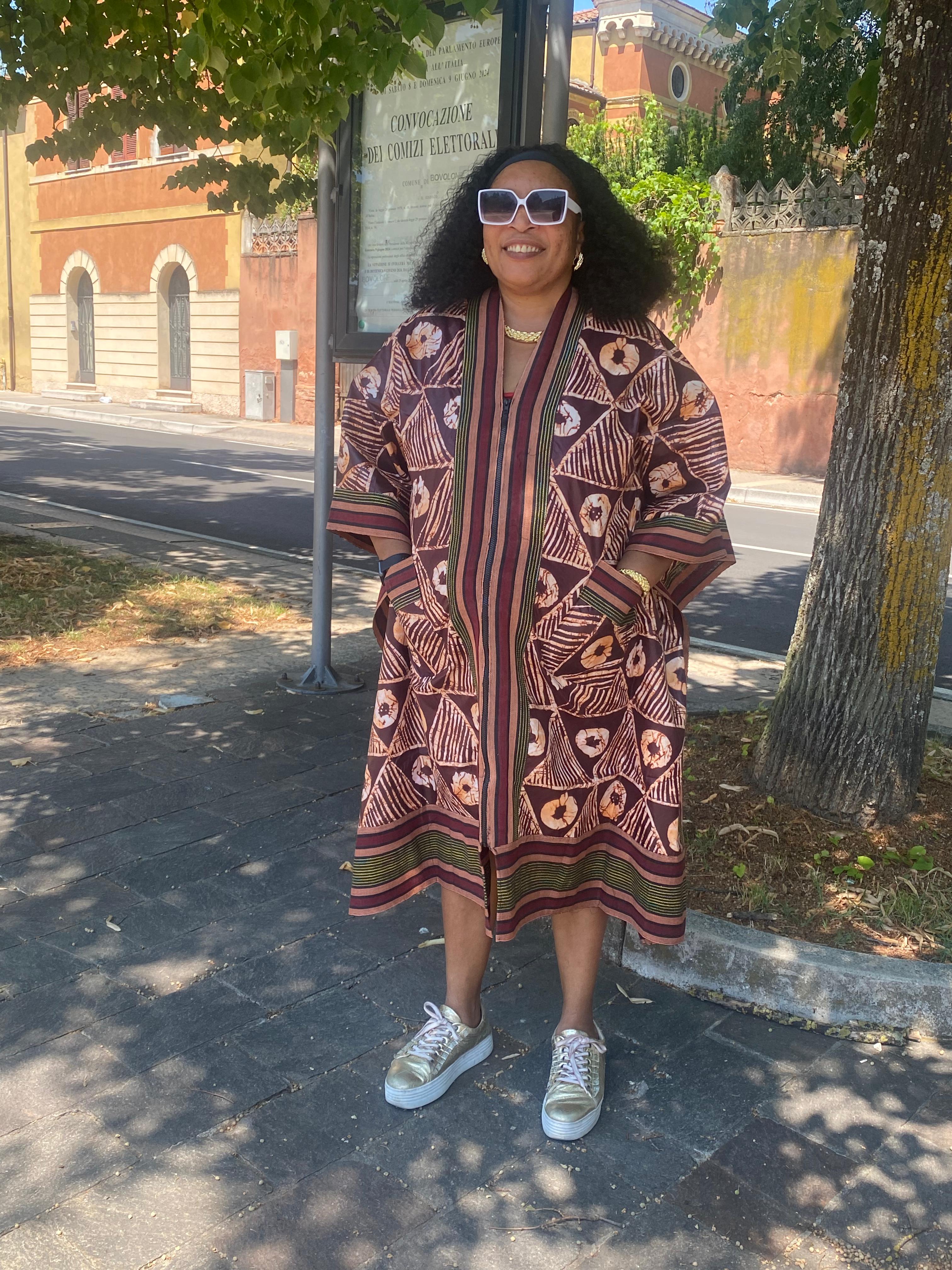 Three-quarter Brown Adire gown designed with Ashoke